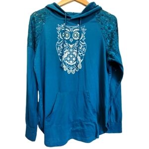 XL Juniors Teal Owl Graphic Lace Kangaroo Pocket Long Sleeve Hooded T-Shirt